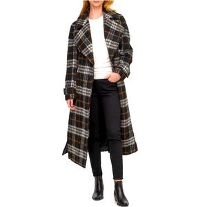 CALVIN KLEIN Womens Black Plaid Wool Blend Long Belted Maxi Coat: Size 12